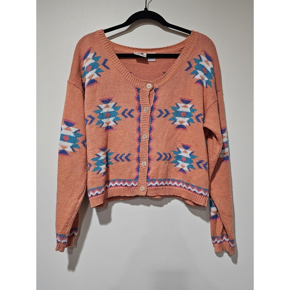 Nuovo Sweater Womens Medium Orange Aztec Button Front Knit Cardigan Boho Cropped